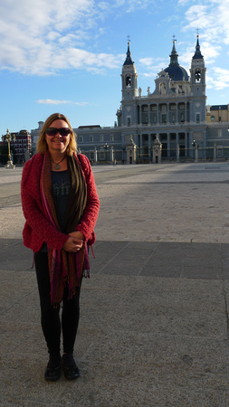 Birgit in front of Santa María la Real de La Almudena on Royal Palace of Madrid side